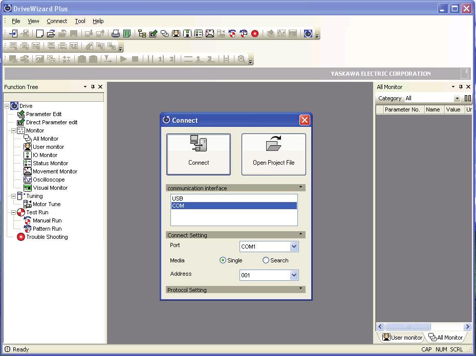2.2 Connecting the Drive and PC via the Com Port When DriveWizard Plus is first opened, the start up window