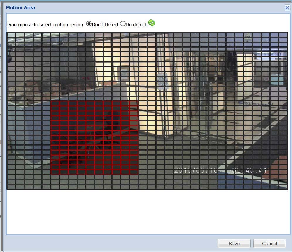 3 mygvcloud Portal Motion Area: 1. Click Motion Area. This window appears. Figure 3-12 2. By default, the whole area is selected for motion detection.