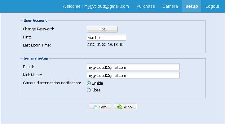 3.7 General Account Settings To modify the password of mygvcloud account or to set e-mail notification for camera disconnection, click Setup at the top-right corner.