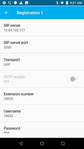 In the Registration 1 screen, configure the following parameters: SIP server: Set to the Session Manager IP address (e.g., 10.64.102.117). SIP server port: Set to appropriate SIP port (e.g., 5060).