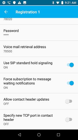 Scroll down to the bottom half of the Registration 1 screen and configure the following parameters: Voicemail retrieval address: Set to the voicemail pilot