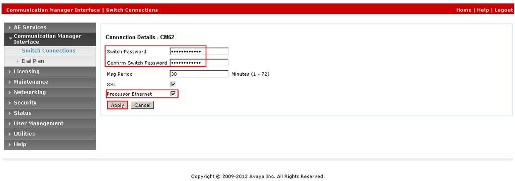 The following screen is displayed. Complete the configuration as shown and enter the password specified in Section 5.1 when configuring AESVCS in ip-services.