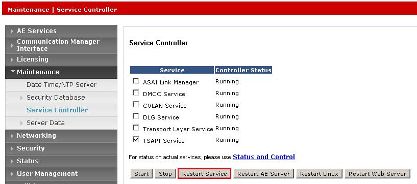 Restart TSAPI Service Select Maintenance Service Controller from