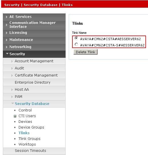 6.5. Obtain Tlink Name Select Security Security Database Tlinks from the left pane. The Tlinks screen shows a listing of the Tlink names.