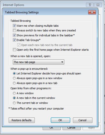 This will display the Tabbed Browsing Settings window.