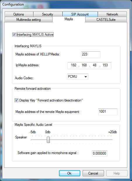 This tab allows you to configure XELLIPMedia interfacing with Maylis network. XellipMedia may become a full Maylis equipment by interfacing to the Maylis RS485 bus via an IpMaylis.