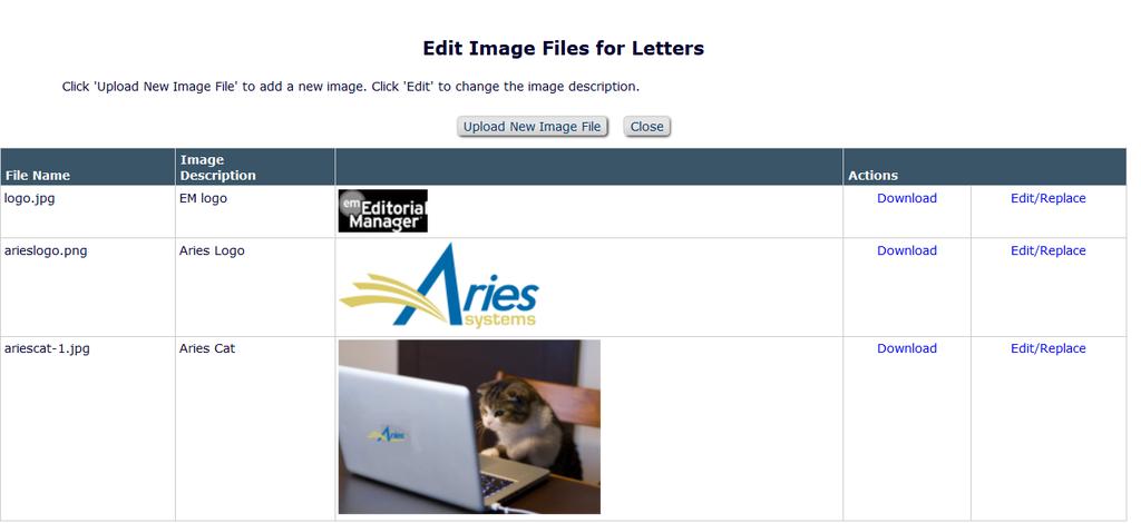add/edit image files to include in letters.