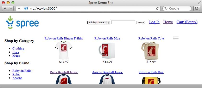 Now we can start up our application s server and take a look. A First Look At Spree This is what our store looks like.