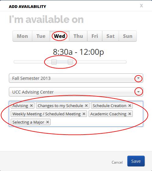 In the pop-up window 1. Select the day or days you want to set availability and use the slider to adjust the time.