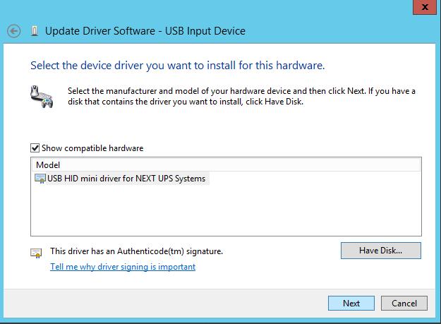inf file, click OK to confirm: The USB HID mini driver for NEXT UPS