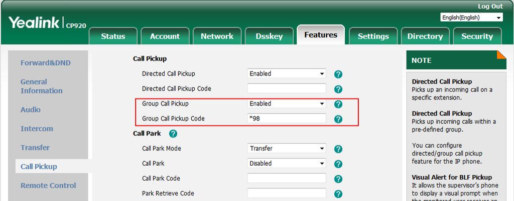 User Guide for the CP920 HD IP Conference Phone 3. Enter the group call pickup code in the Group Call Pickup Code field.