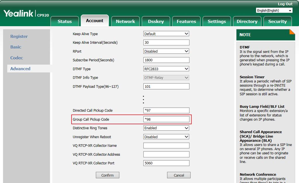 To configure the group call pickup code on a per-line basis via web user interface: 1. Click on Account->Advanced. 2.