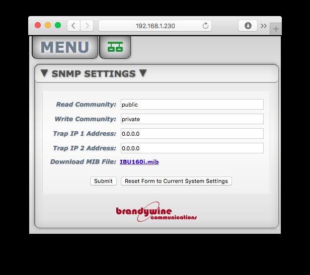 5.4 Changing SNMP Settings From the main menu, select SNMP from the settings submenu. From here the Read Community, Write Community, and Trap IP Address can be set. Figure 8 - SNMP Settings 5.4.1