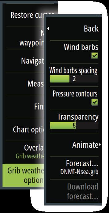 From this menu you can select which weather symbols you want to display, set the distance between the barbs, and adjust the opaqueness of the weather