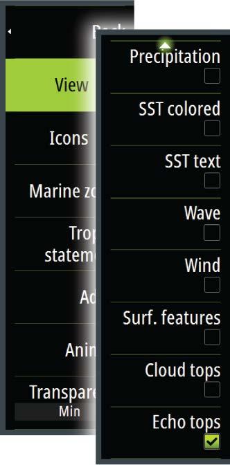 6 SST color shading Use the Sirius weather option menu to select which weather symbology that should be displayed and how they should appear on the chart panel.