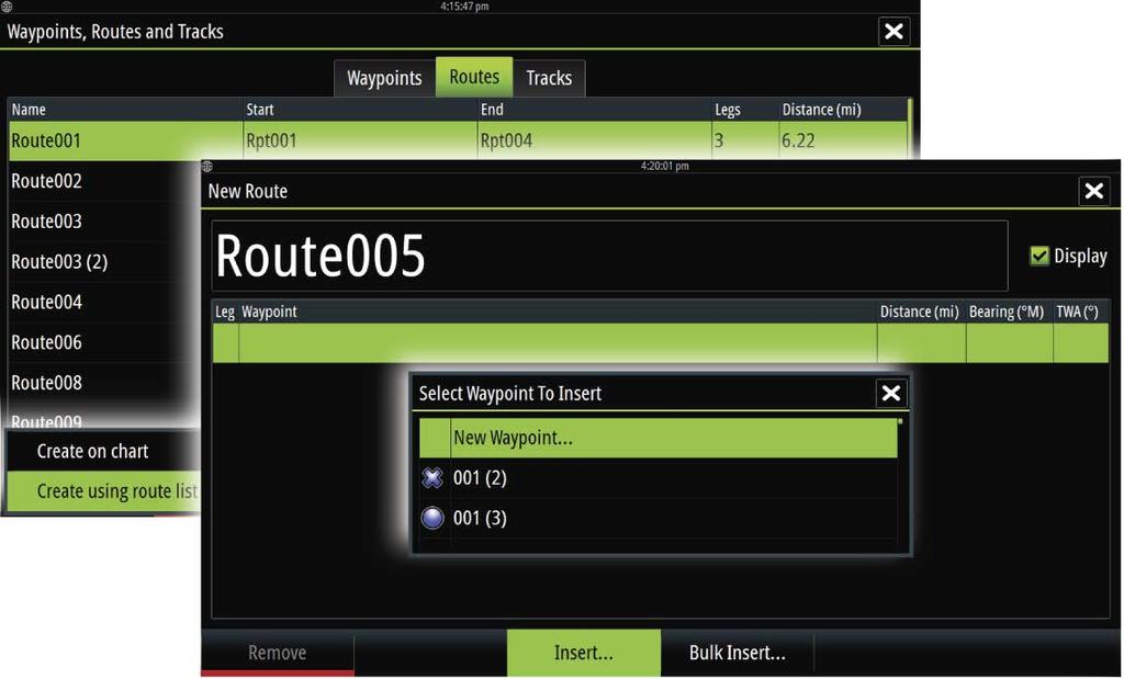 Creating routes using existing waypoints You can create a new route by combining existing waypoints from the Routes dialog. The dialog is activated by using the Routes tool on the Home page.