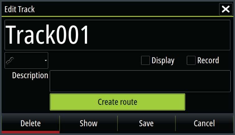 The Edit Route dialog You can add and remove routepoints from the Edit Route dialog. This dialog is activated by selecting an active route's pop-up, by pressing the rotary knob, or from the menu.