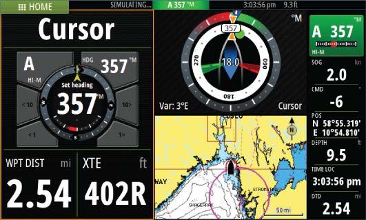 Manual adjustments to the set heading can only be made when the port and starboard arrow indicators are illuminated red and green. Mode selection, includes access to turn pattern selection.