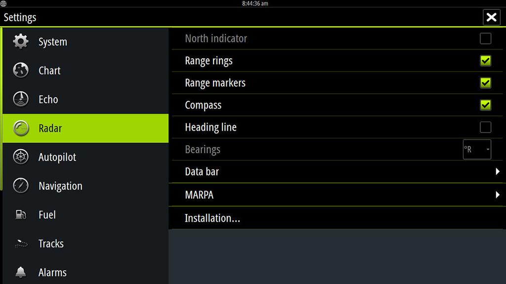 Radar settings Radar symbology You can select which optional radar items that should be turned on/off collectively from the menu. Refer to the Radar panel illustration.