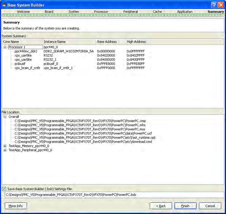 PMC- PMC-VFX Getting Started Guide Virtex-5 Based FPGA PMC Module The Summary Dialog opens. 15 Review the summary of project setting shown in this dialog.