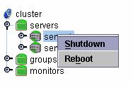 (3) Certain server object When you right-click a certain server object, the following shortcut menu appears. * Shutdown Shuts down a selected server.