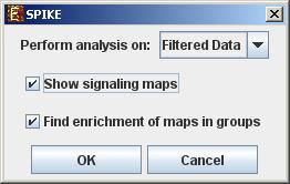 The following table specifies the different parameters that can be set via this dialog box: Field Perform analysis on Show signaling Maps Find enrichment of maps in groups Description The grouping