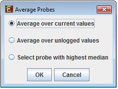 In case the user chose "Merge Probes by Gene IDs", a dialog box titled "Average Probes" will appear: After