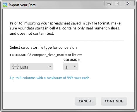 Data Import The Data Import feature lets you convert/send spreadsheet data saved as csv data files to the calculator as calculator list(s) or matrix file.