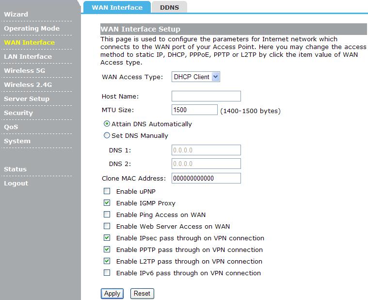 Chapter 4 Configuring the Router 4.1 WAN Interface There are two submenus under the WAN Interface menu: WAN Interface, DDNS.