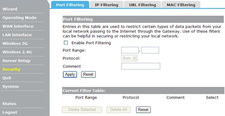 There are four submenus under the Security menu: Port Filtering, IP Filtering, URL Filtering, MAC Filtering. Click any of them, and you will be able to configure the corresponding function. 4.6.