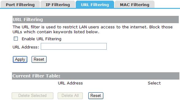 Enable URL Filtering: Check this box will enable URL Filtering function. URL Address: The URL Address that you want to filter.