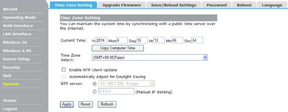 4.8.1 Time Zone Setting You can maintain the system time by synchronizing with a public time server over the Internet.