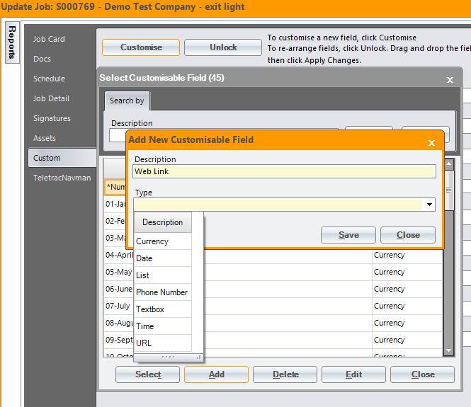 From within a job click on the Custom 1 tab, this will take you the Custom Fields window. Now click the Customise 2 button this will open the Select Customisable Field window.