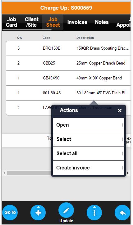 Creating an Invoice After adding items and time to the Job Sheet you can