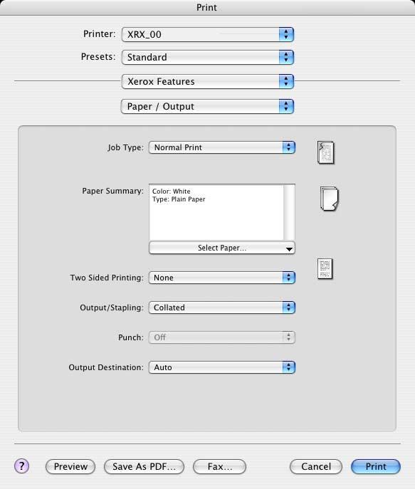 Custom Driver Features OS X printer driver features are contained in the Xerox Features pop-up menu.