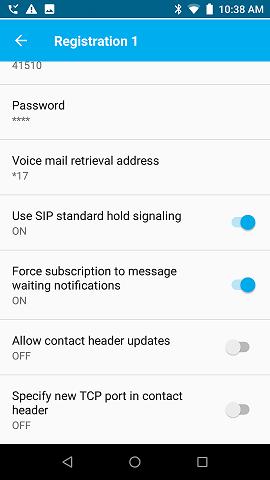 Scroll down to the bottom half of the Registration 1 screen and configure the following parameters: Voicemail retrieval address: Set to the Voicemail Collect