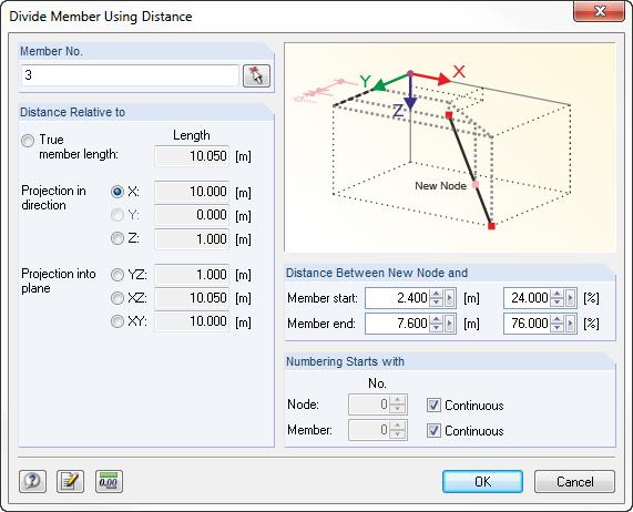 4 Model Data In the dialog box Divide Member Using Distance, we change the reference of the distance to Projection in direction X. Then, we enter the value 2.