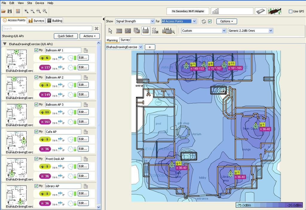 Ekahau Operator Interface Planning tools: Scale, Simulation, AP,