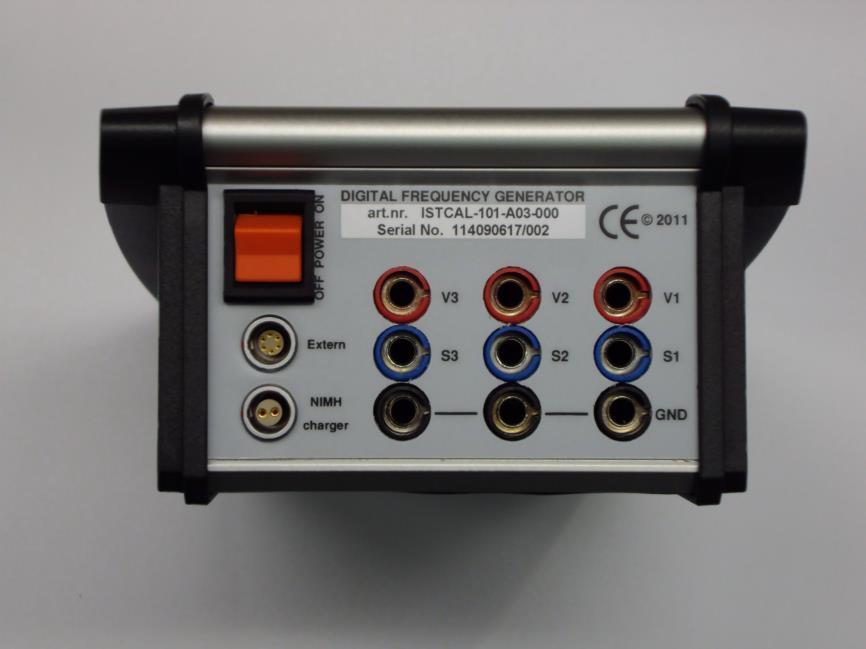 Page 11 of 19 3.2 Top Panel Figure 4 IST-101-A03 Three channel speed calibrator Top View. The top panel consists of: 3 sets of 4 mm connection sockets On-off switch Power input socket.
