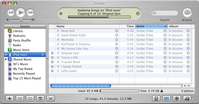 To download songs to ipod nano: m Simply connect it to your computer. If ipod nano is set to update automatically (see below), the download begins.