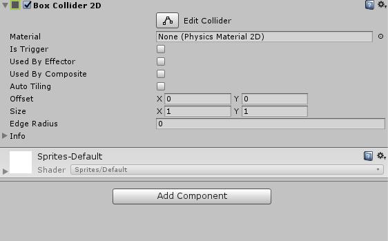 Now, go to Add Component in the Inspector, and type in Box Collider 2D.