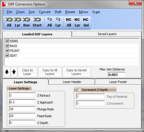 NCPlot v2.20 Manual The DXF Conversion Options Dialog When a DXF file is loaded it is displayed on the viewport and the DXF Conversion Options dialog is displayed.