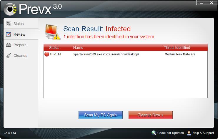 The detection and removal engine in Prevx 3.0 also includes a complete fail safe roll back feature which allows you to restore any program or roll back an entire cleanup should this be necessary.