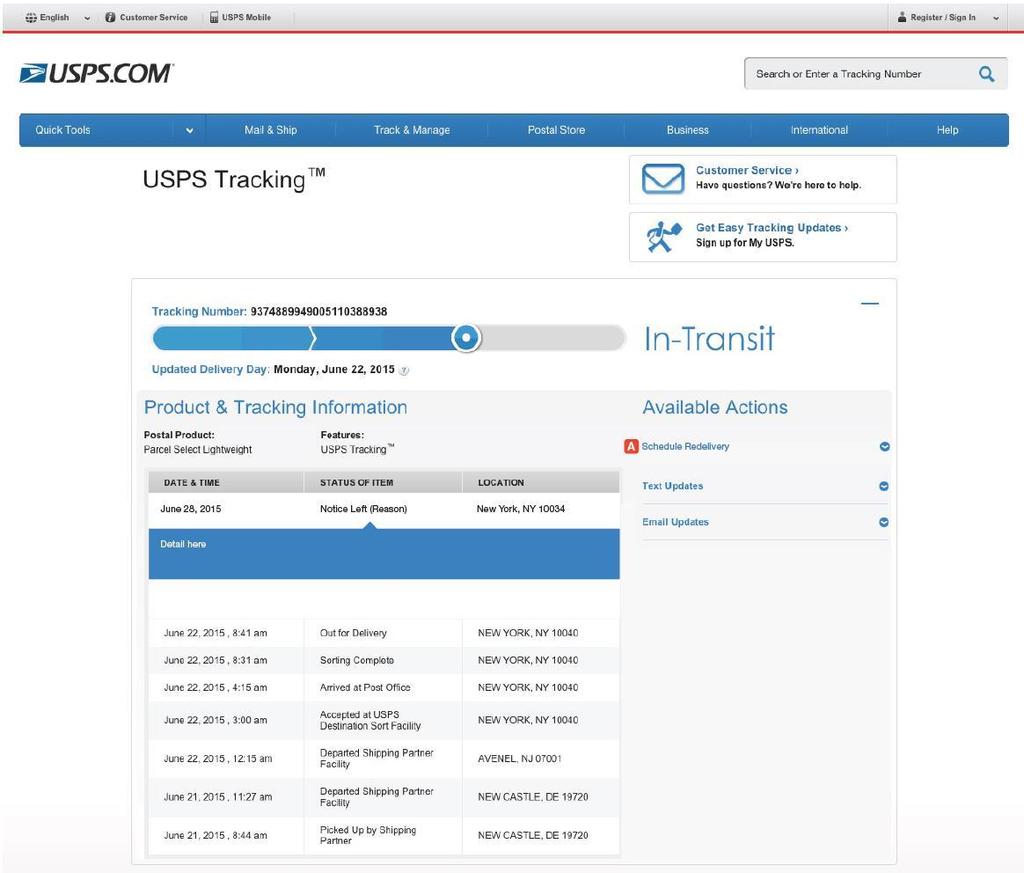 Typing the PS Form 3849 tracking number will bring up the Product & Tracking Information page.