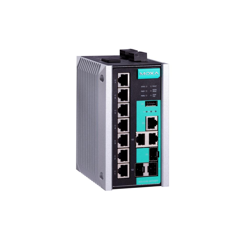 EDS-510E Series 7+3G-port Gigabit managed Ethernet switches Features and Benefits 3 Gigabit Ethernet ports for redundant ring or uplink solutions Turbo Ring and Turbo Chain (recovery time < 20 ms @