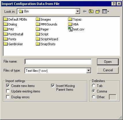 txt) file or a Microsoft Excel (.csv) file to your configuration database. To import data, select CSV Import from the File menu.