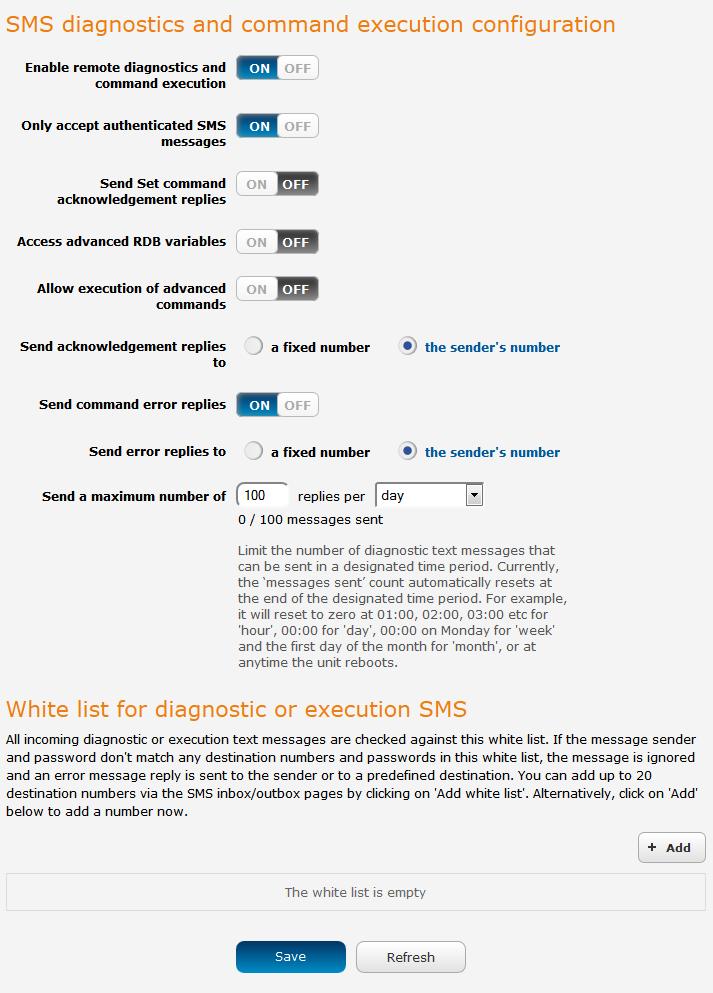 Diagnostics The Diagnostics page is used to configure the SMS diagnostics and command execution configuration.