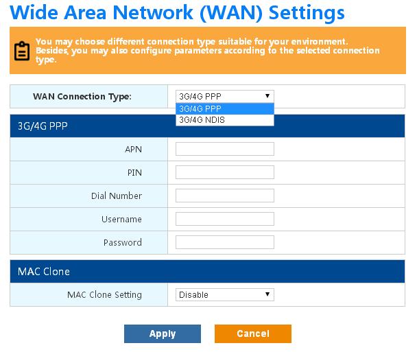 2.3.2 Internet settings 2.3.2.1 WAN WAN connection type includes: AUTO, STATIC (fixed IP), DHCP (Auto Config), PPPoE (ADSL), 3G/4G PPP, 3G/4G NDIS. The default type is 3G/4G NDIS.