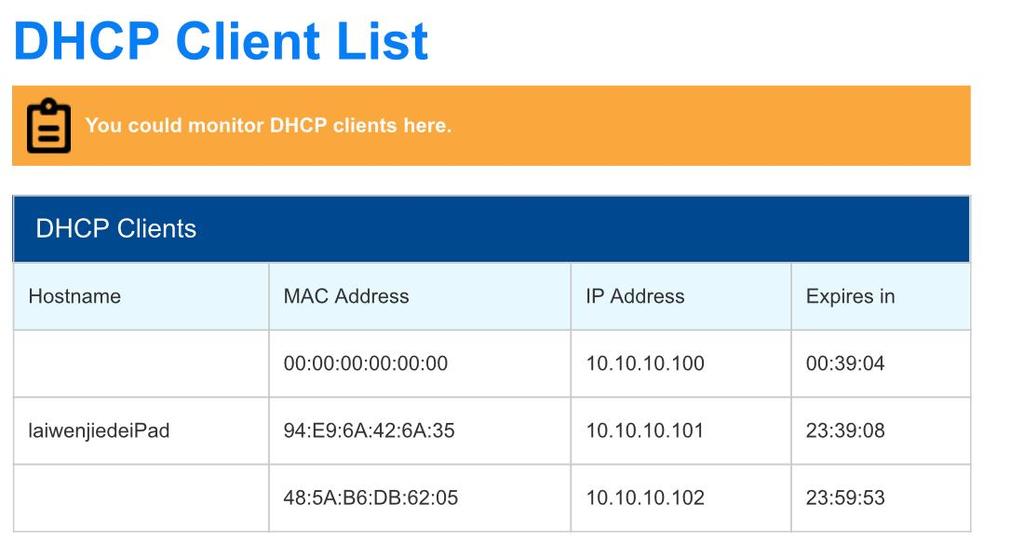 Figure 2-13 LAN setting Local IP: the IP address in local. Subnet mask: local subnet mask. Gateway: router internal gateway. 2.3.2.3 DHCP clients All clients connected are list here, including Wi-Fi network and LAN cable.