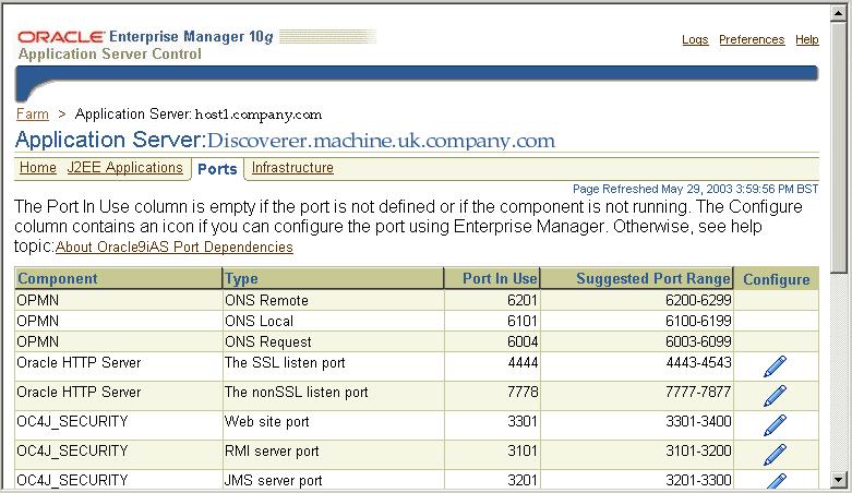 How to list ports used by OracleAS 4. In the rows containing the Oracle HTTP Server component, select the edit icon in the Configure column to display the Server Properties page for that component.
